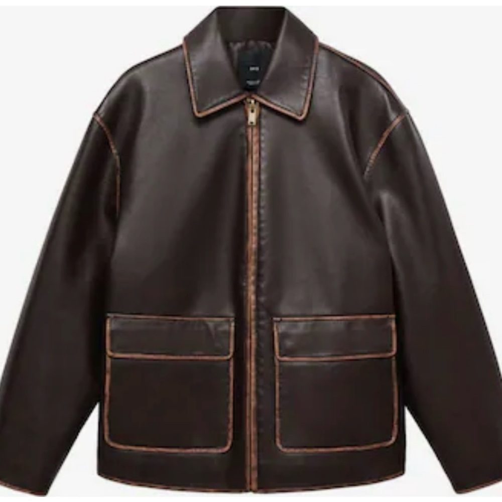 Mango Dark Brown Leather Jacket with Contrast Stitching - Picture 8 of 11